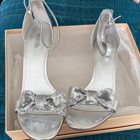 MICHAEL Michael Kors Shoes - Michael Michael  Kors Silver Sequin Bow Ankle-Strap Heels In Box
